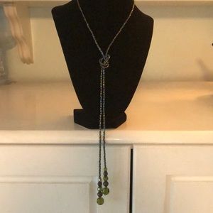 Custom crafted lariat necklace green bugle beads